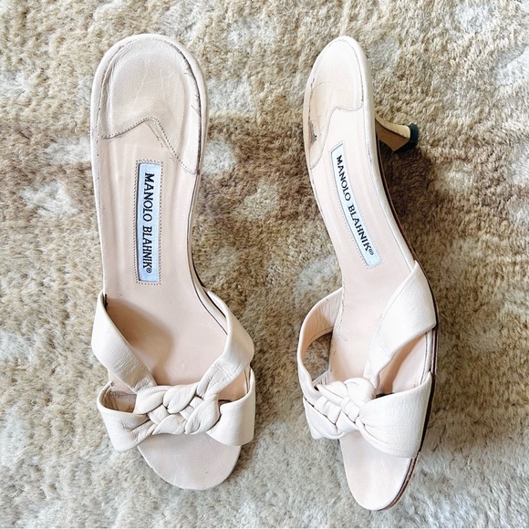 Manolo Blahnik Braided Leather Mule Slide Open Toe Kitten Heel Sandals Sz 37 1/2 - Picture 15 of 15